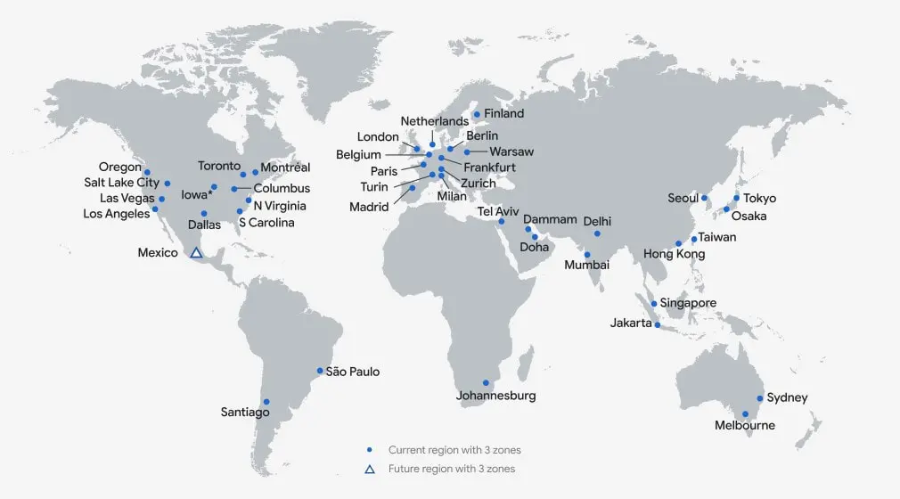 خريطة مناطق Google Cloud Platform ومواقع مناطق التوفر اعتبارًا من عام 2024