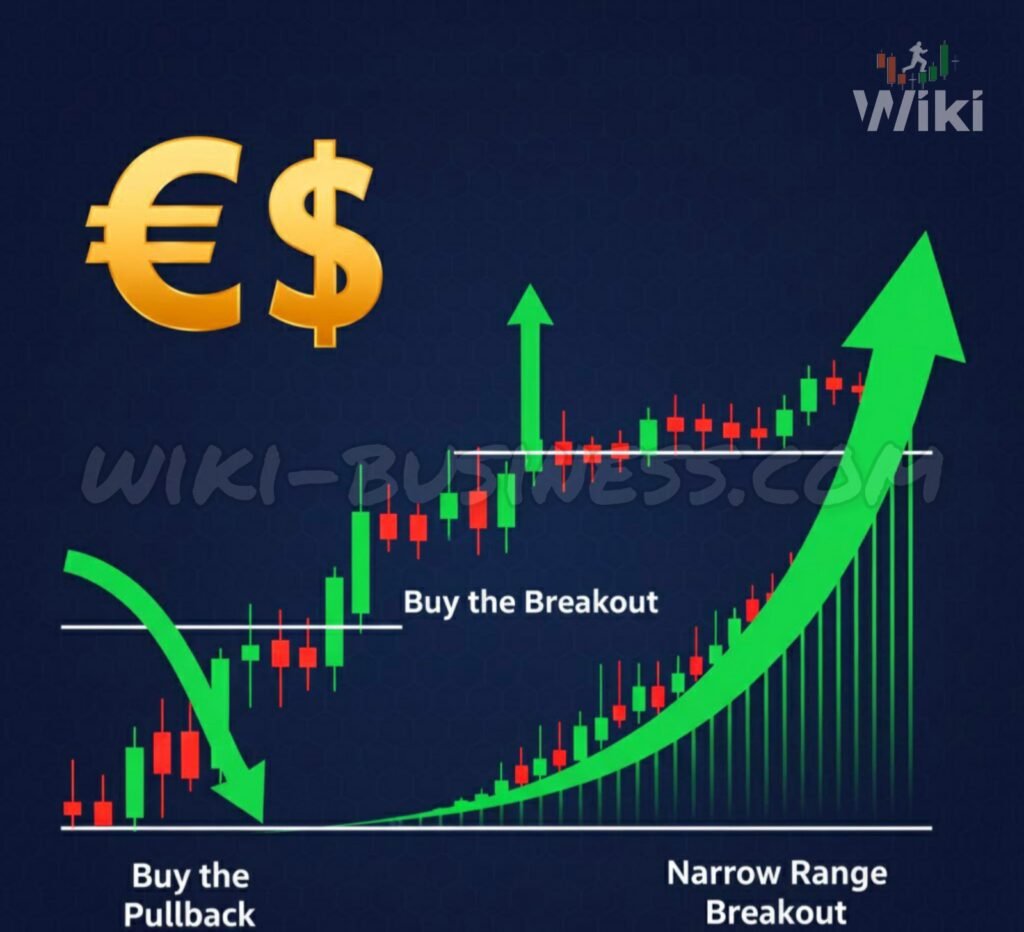 اكتشف 3 استراتيجيات بسيطة وفعالة لمتداولي اليورو . تعلم الشراء عند التراجع، تداول الاختراق، واستغلال أنماط النطاق الضيق.